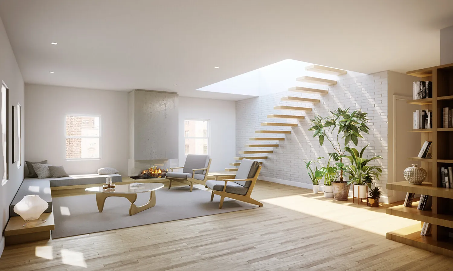 Virtual renovation render of a living room at 1200 Broadway with a floating stair, skylight and light wood floors