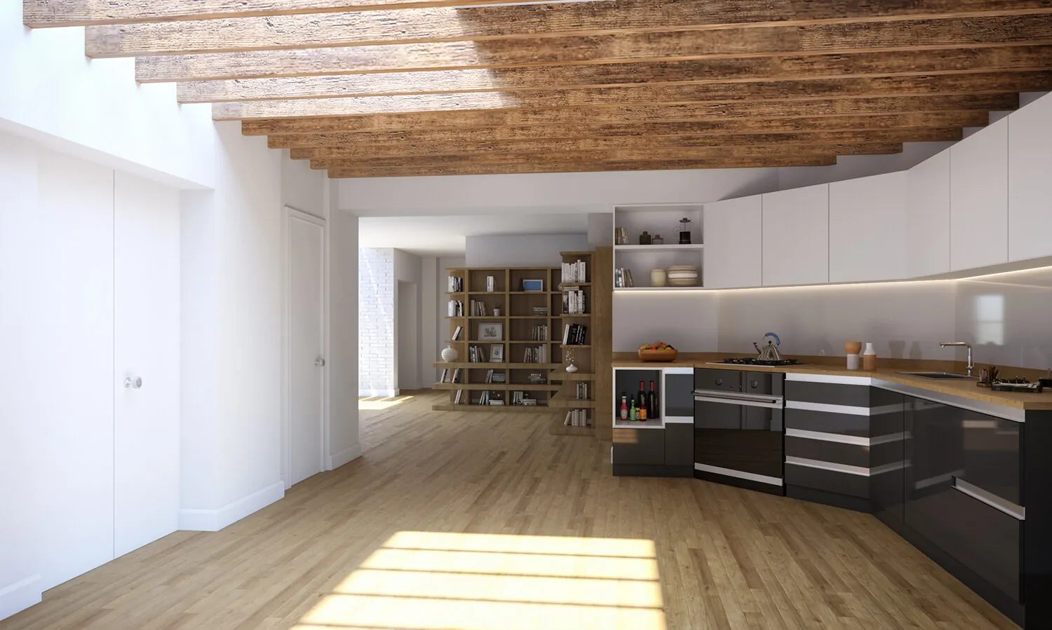 Virtual renovation render of a kitchen at 1200 Broadway with dark cabinetry, white uppers and exposed wood ceiling beams